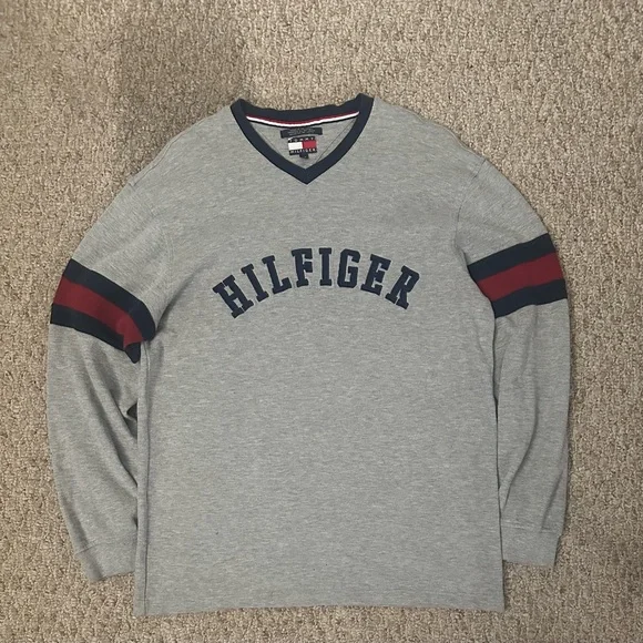 Tommy Hilfiger Gray V-Neck Sweater with Navy Trim 2003 - Picture 1 of 6